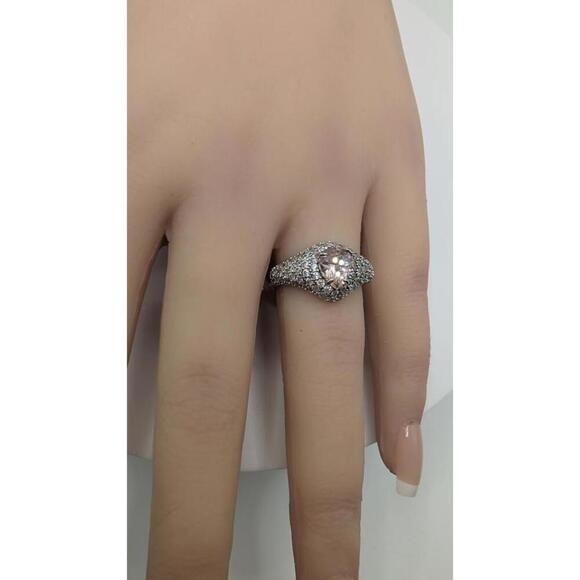 Elegant Silver Ring with Pink Gemstone and Pavé Accent Stones Size 7 - Picture 9 of 9